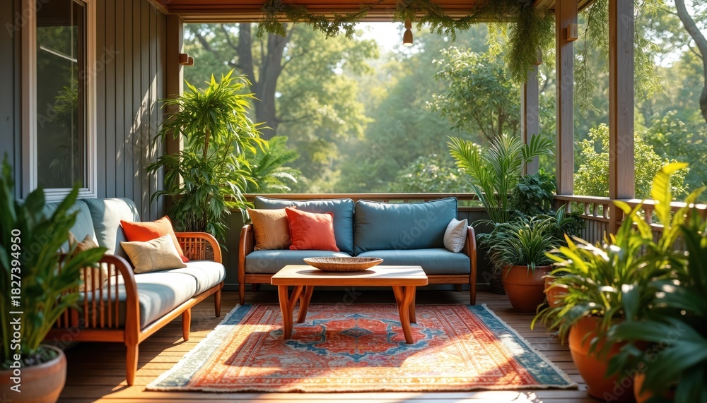 Fototapeta premium Cozy porch with stylish furniture plants and colorful rug. Scene has modern design and comfortable seating. Sunny outdoor space with natural light. Relaxing home decor with green plants.