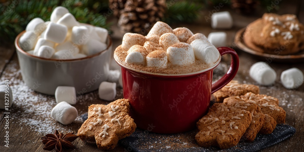 Fototapeta premium Cozy Cocoa Delights: A rustic setting of holiday treats. A mug of steaming cocoa is topped with fluffy marshmallows, and complemented by a side of homemade cookies.