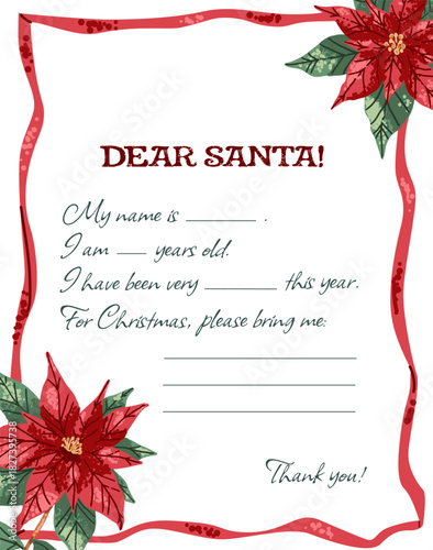 Template of letter to Santa with poinsettia flowers and bow