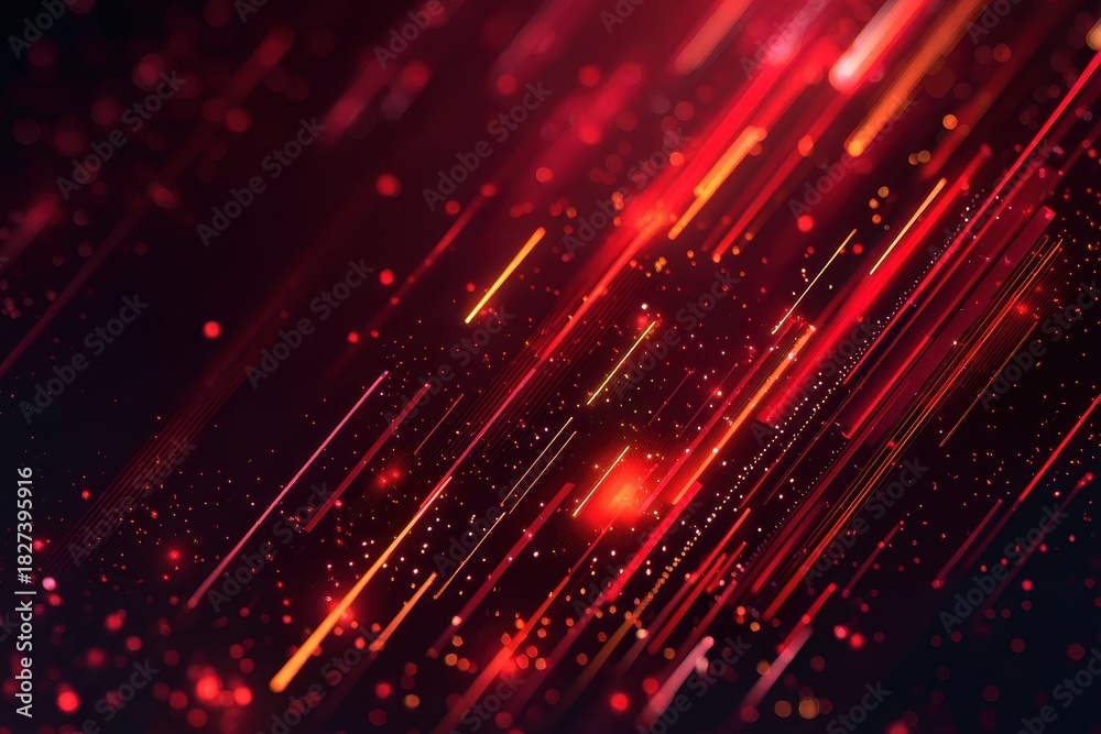 Obraz premium Abstract background with glowing red and orange light trails and sparkling particles, representing data flow
