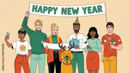 Colorful illustration of diverse friends celebrating New Year with party hats, gifts, decorations, and a festive banner, capturing joyful holiday spirit and cheerful seasonal celebration.