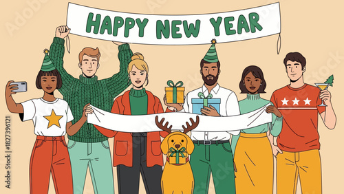 Colorful illustration of diverse friends celebrating New Year with party hats, gifts, decorations, and a festive banner, capturing joyful holiday spirit and cheerful seasonal celebration.