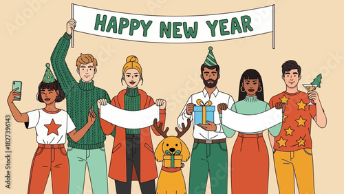 Colorful illustration of diverse friends celebrating New Year with party hats, gifts, decorations, and a festive banner, capturing joyful holiday spirit and cheerful seasonal celebration.