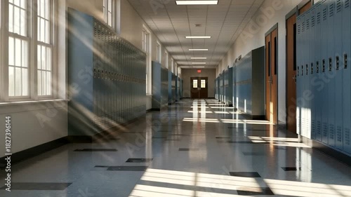 Sunlit Hallway: An evocative exploration of light and shadow in a school corridor, emphasizing the