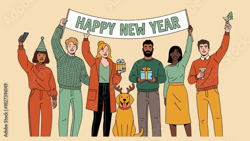 Colorful illustration of diverse friends celebrating New Year with party hats, gifts, decorations, and a festive banner, capturing joyful holiday spirit and cheerful seasonal celebration.