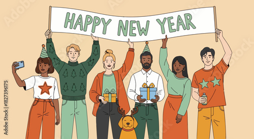 Colorful illustration of diverse friends celebrating New Year with party hats, gifts, decorations, and a festive banner, capturing joyful holiday spirit and cheerful seasonal celebration.