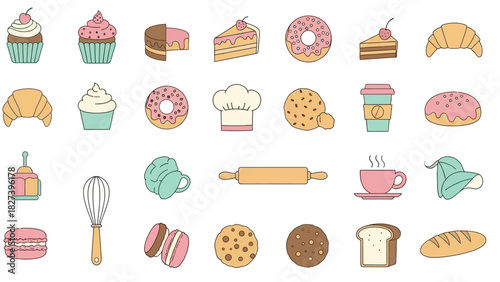 Set of cute bakery icons pastry and desserts in pastel colors vector illustration for cafe menu or food blog