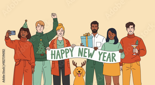 Colorful illustration of diverse friends celebrating New Year with party hats, gifts, decorations, and a festive banner, capturing joyful holiday spirit and cheerful seasonal celebration.
