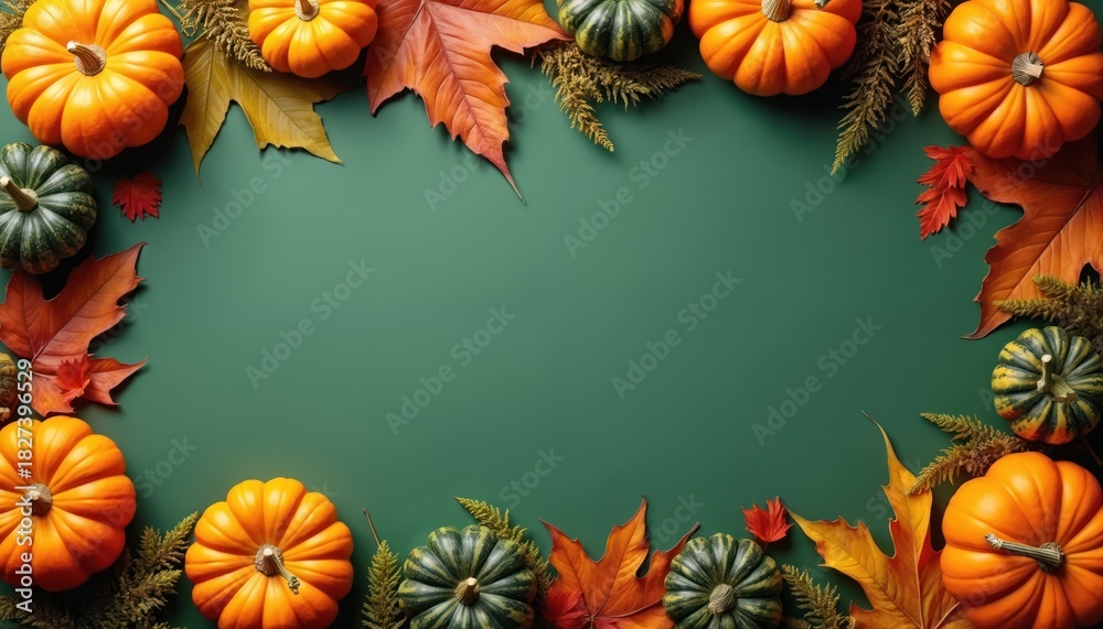 Fototapeta premium Autumn frame with orange pumpkins, green gourds, colourful maple leaves on dark green background. Seasonal composition for Thanksgiving Halloween. Top view harvest decoration flat lay with copy space