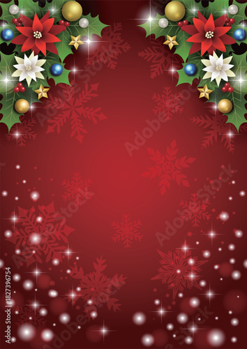 クリスマス背景、下キラキラ雪、赤、ポインセチア、上柊、かわいい、イラスト、縦