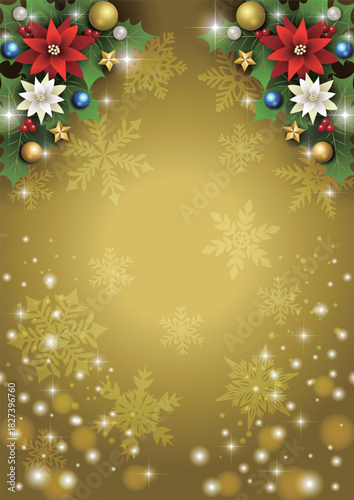 クリスマス背景、下キラキラ雪、金、ポインセチア、上柊、かわいい、イラスト、縦