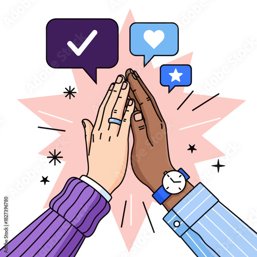 Illustration of two hands giving a high five, symbolizing teamwork, support, success, and positive collaboration with social media icons in a modern flat style.