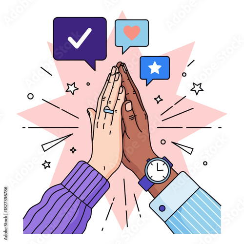 Illustration of two hands giving a high five, symbolizing teamwork, support, success, and positive collaboration with social media icons in a modern flat style.