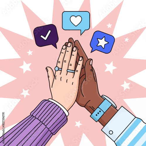 Illustration of two hands giving a high five, symbolizing teamwork, support, success, and positive collaboration with social media icons in a modern flat style.