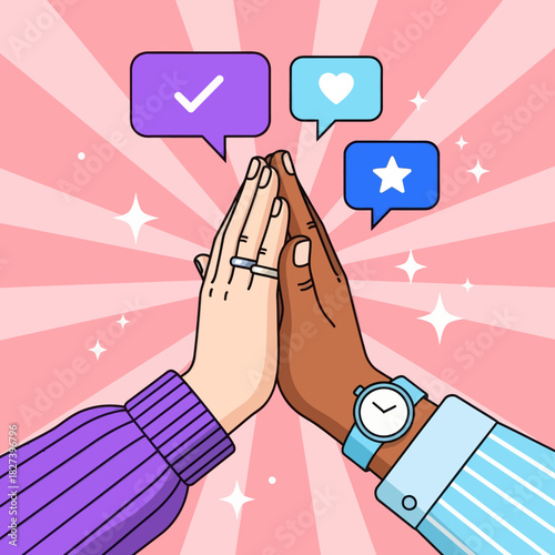 Illustration of two hands giving a high five, symbolizing teamwork, support, success, and positive collaboration with social media icons in a modern flat style.