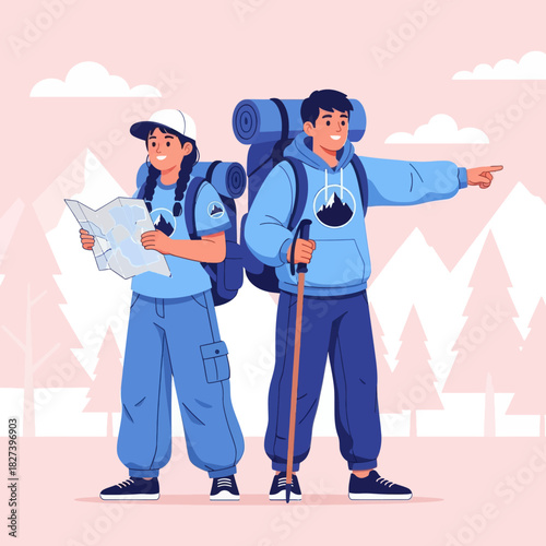 Illustration of two hikers exploring the mountains with backpacks and a map, symbolizing adventure, navigation, outdoor travel, and nature exploration.