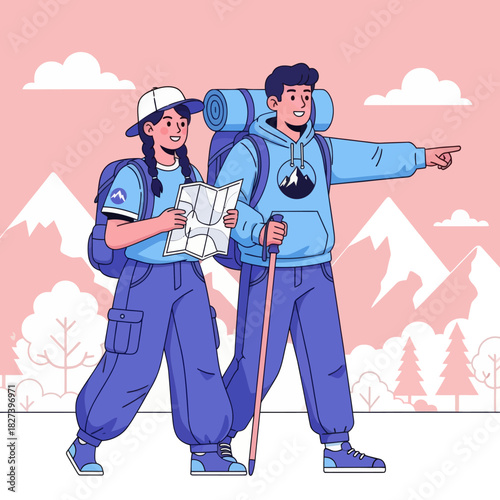 Illustration of two hikers exploring the mountains with backpacks and a map, symbolizing adventure, navigation, outdoor travel, and nature exploration.