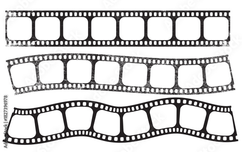 Vintage grunge distressed 35mm film strip border set. Trendy cinema reel frame template with empty slots, noisy texture, scratches. Old aesthetic movie style vector illustration on transparent backgro