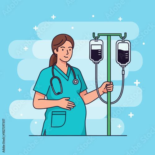 Illustration of a pregnant nurse in scrubs holding an IV stand, representing maternity healthcare, medical work, and professional caregiving in a hospital setting.
