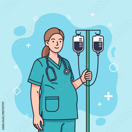 Illustration of a pregnant nurse in scrubs holding an IV stand, representing maternity healthcare, medical work, and professional caregiving in a hospital setting.