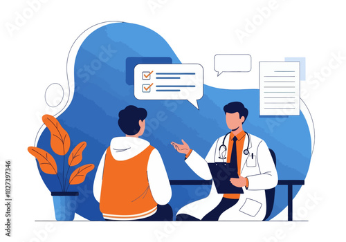 Illustration of a doctor consulting a patient in a clinic, discussing health check results and medical assessment in a modern, professional setting.