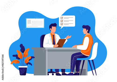Illustration of a doctor consulting a patient in a clinic, discussing health check results and medical assessment in a modern, professional setting.