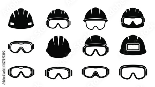 Safety helmets and goggles silhouettes isolated on white background, Vector