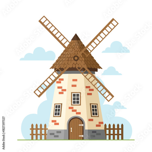 Traditional european dutch windmill with rotating blades and a rustic wooden fence against a sky with fluffy clouds, depicting a classic rural landscape. this is a flat vector illustration