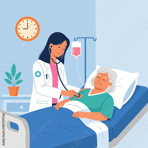 Illustration of a doctor caring for an elderly patient in a hospital room, showing medical support, compassion, and professional healthcare service.