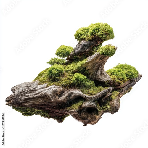 Mossy Wood Formation: A detailed display of moss delicately thrives on a weathered driftwood formation, illustrating nature's artistry with a striking balance of textures and colors.