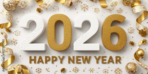 Countdown to 2026: A festive numeral composition anticipates the upcoming new year. Embellished with celebratory ribbons and radiant decorations. Capturing the spirit of hope, joy, and new beginnings.