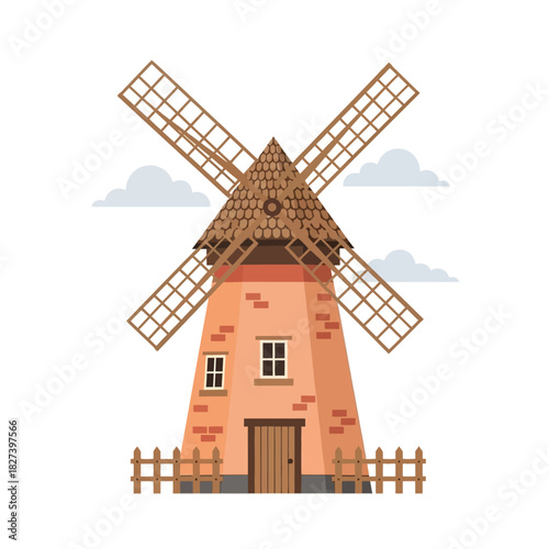 Traditional dutch style windmill illustration with spinning wooden blades, an orange brick tower, a brown shingle roof, small windows, and a wooden fence, under a cloudy sky.