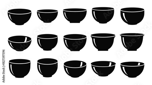 Silhouette bowls and cups collection isolated on white background, Vector