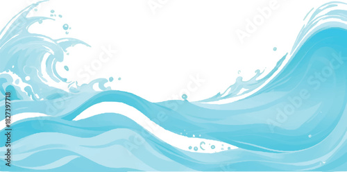 Stylized vector illustration of ocean waves flowing water with splashes and bubbles for summer backgrounds and designs