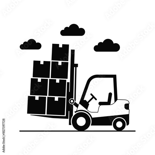 Forklift truck moving stacked delivery cardboard boxes, logistics and warehouse operations icon, cargo transportation vehicle, industrial supply chain management concept illustration.