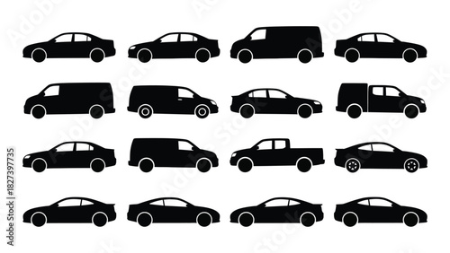 Diverse vehicle silhouettes collection isolated on white background, Vector
