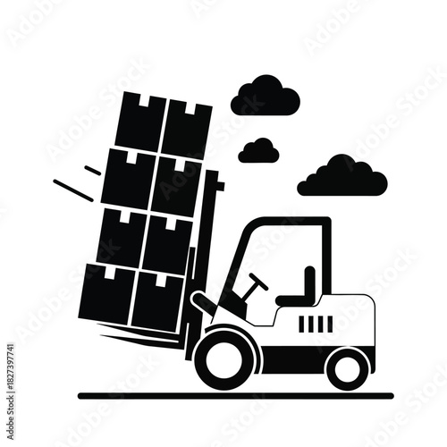 Forklift truck illustration showing an overloaded and unstable stack of cargo boxes teetering dangerously, symbolizing risks, accidents, and safety issues in warehouse logistics operations.