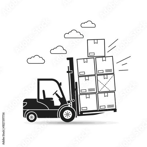 Forklift truck efficiently moving a large stack of cardboard delivery boxes, highlighting modern logistics, warehousing, shipping, and distribution processes in a minimalist icon graphic illustration.