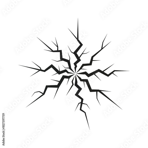Impact point crack illustration with radial fractures spreading across a white or transparent background, symbolizing damage, stress, breaking, and vulnerability