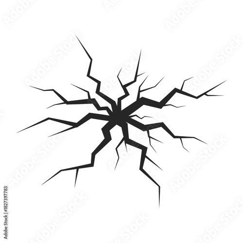 Stylized vector illustration of a dramatic crack spreading outwards from a central impact point, indicating damage, destruction, rupture, or a broken surface on white