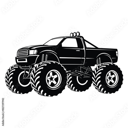 Powerful monster truck vector illustration featuring massive oversized wheels, robust lifted suspension, and prominent roof lights, perfect for extreme off-road racing events and shows