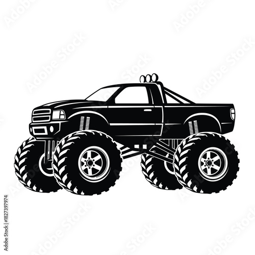 Monster truck vector illustration with oversized wheels and powerful suspension, ideal for extreme off-road adventures and heavy-duty performance, isolated on a clean white background.