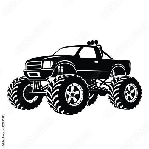 Black and white vector illustration of a powerful monster truck with huge off-road tires, a lifted suspension, and roof-mounted spotlights, ready for extreme challenges and rough terrain adventure.