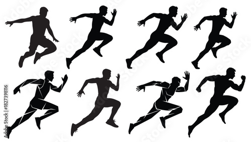 Dynamic collection of male runner silhouettes in various athletic poses, illustrating speed, agility, and competitive spirit, ideal for sports and fitness designs.