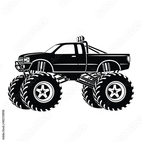 Monster truck vector illustration with oversized tires, lifted suspension, and powerful design, perfect for extreme sports, automotive, and off-road adventure themes