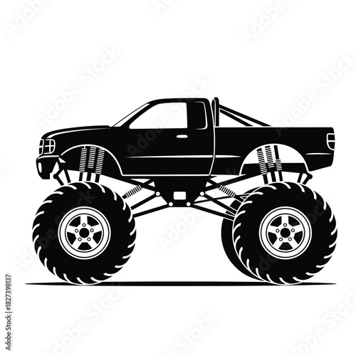 Monster truck side view black silhouette illustration. off-road vehicle with large wheels and lifted suspension. powerful extreme sport event transport design element for graphic projects.