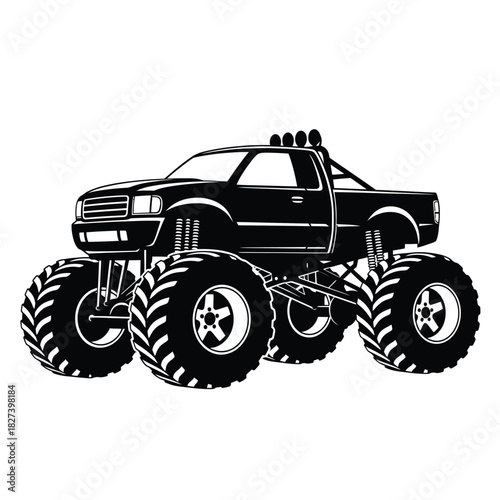 Stylized black and white vector illustration of a powerful off-road monster truck with large wheels, heavy-duty suspension, and a rugged pickup body, conveying extreme sport, power, and adventure.