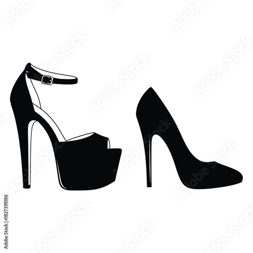 Fashionable black high heels, a sleek pointed-toe pump and a stylish platform sandal with an ankle strap, representing elegance, glamour, and feminine footwear design on white