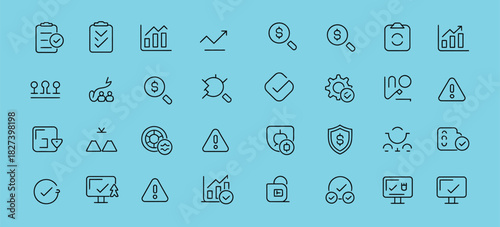 business continuity icon set containing plan, risk analysis, threat analysis, risk reduction, management, and mitigation vector icons, ideal for corporate strategy visuals, disaster recovery planning,