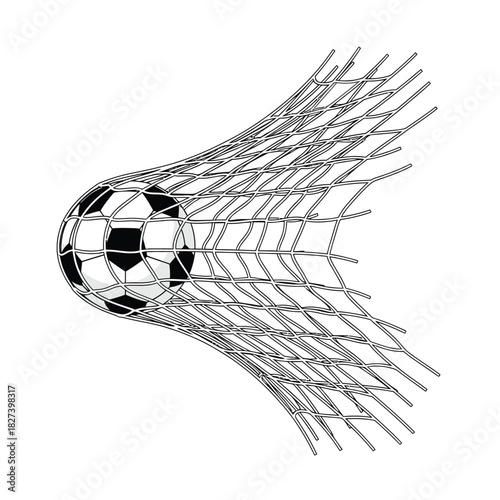 Soccer ball scoring a goal, black and white football hitting the net, dynamic sports illustration capturing the thrilling moment of success in a match, isolated on white background